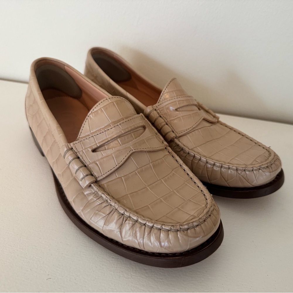 J. Crew Beige Croc-Embossed Leather Penny Loafers